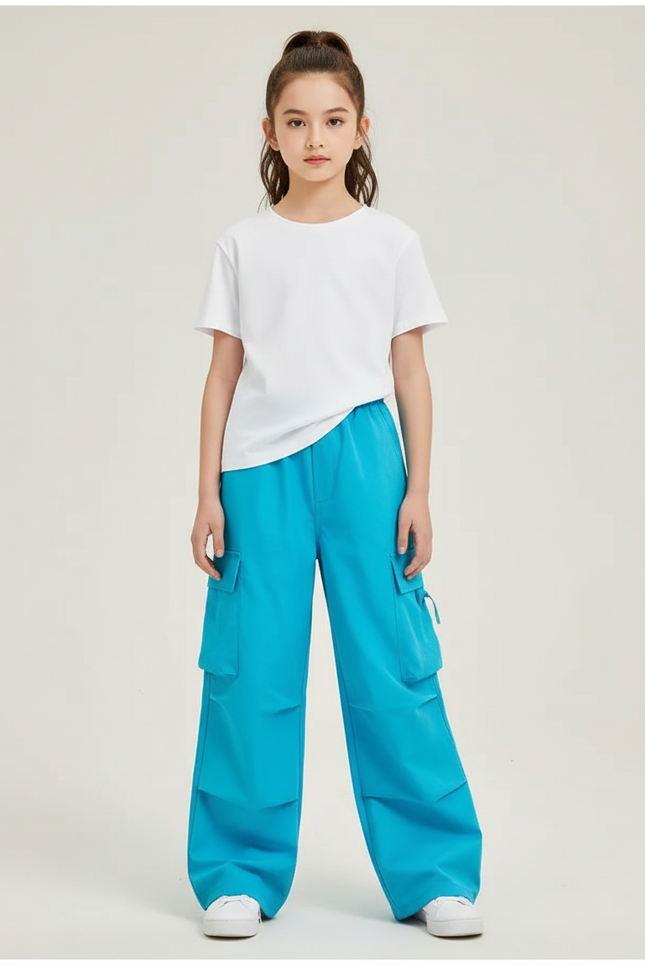 Pantalon Cargo Bleu Ample Poches Enfant - Polyester