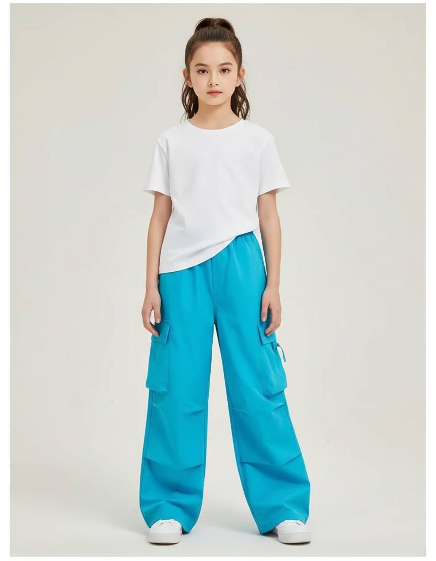 Pantalon Cargo Bleu Ample Poches Enfant - Polyester