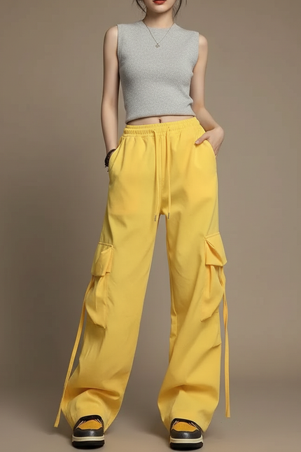 Pantalon Cargo Jaune Ample Léger Cordon Femme - Toile
