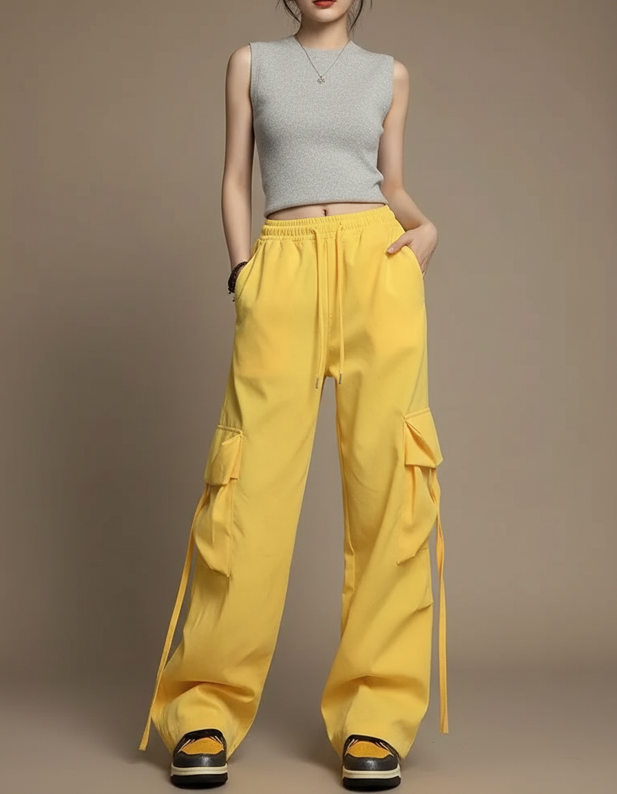Pantalon Cargo Jaune Ample Léger Cordon Femme - Toile