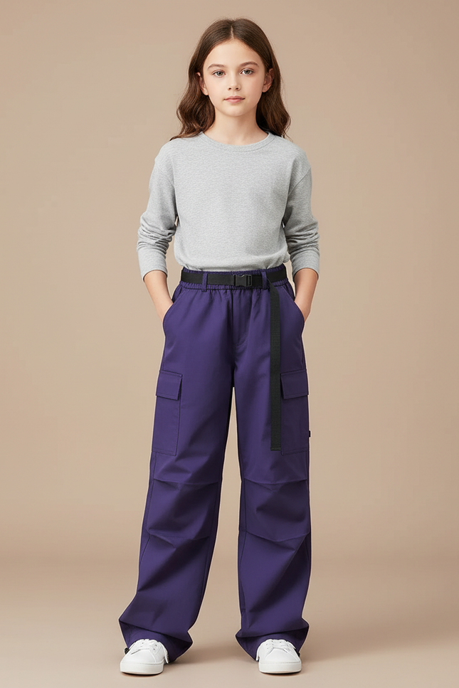 Pantalon Cargo Violet Ample Ceinturé Multipoches Enfant - Polyester