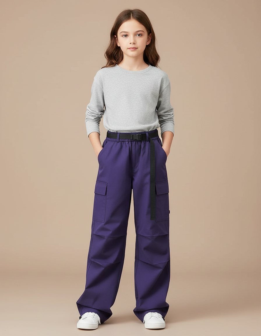 Pantalon Cargo Violet Ample Ceinturé Multipoches Enfant - Polyester