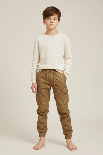 Pantalon Cargo Enfant Kaki Jogger Multipoches Coton