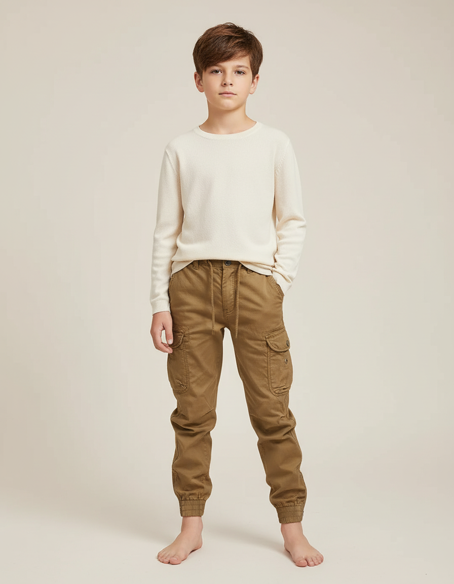 Pantalon Cargo Enfant Kaki Jogger Multipoches Coton
