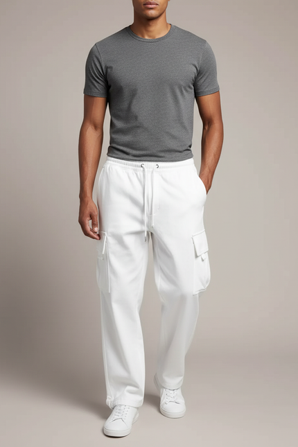 Pantalon Cargo Blanc Ample Multi-Poches Cordon - Molleton