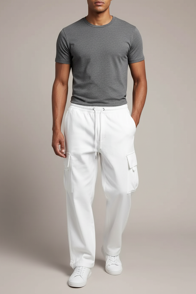 Pantalon Cargo Blanc Ample Multi-Poches Cordon - Molleton