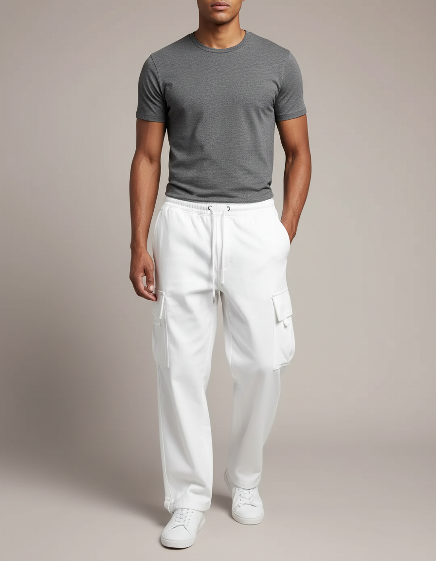Pantalon Cargo Blanc Ample Multi-Poches Cordon - Molleton