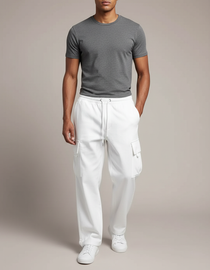 Pantalon Cargo Blanc Ample Multi-Poches Cordon - Molleton