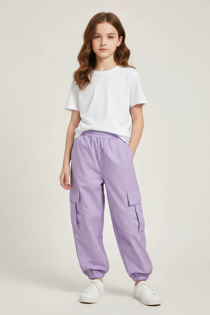Pantalon Cargo Violet Ample Fille Multipoches - Polyester