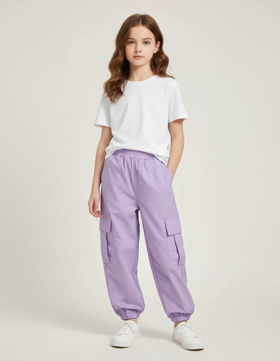Pantalon Cargo Violet Ample Fille Multipoches - Polyester