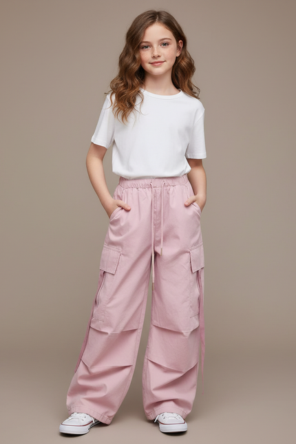 Pantalon Cargo Fille Rose Baggy - Toile