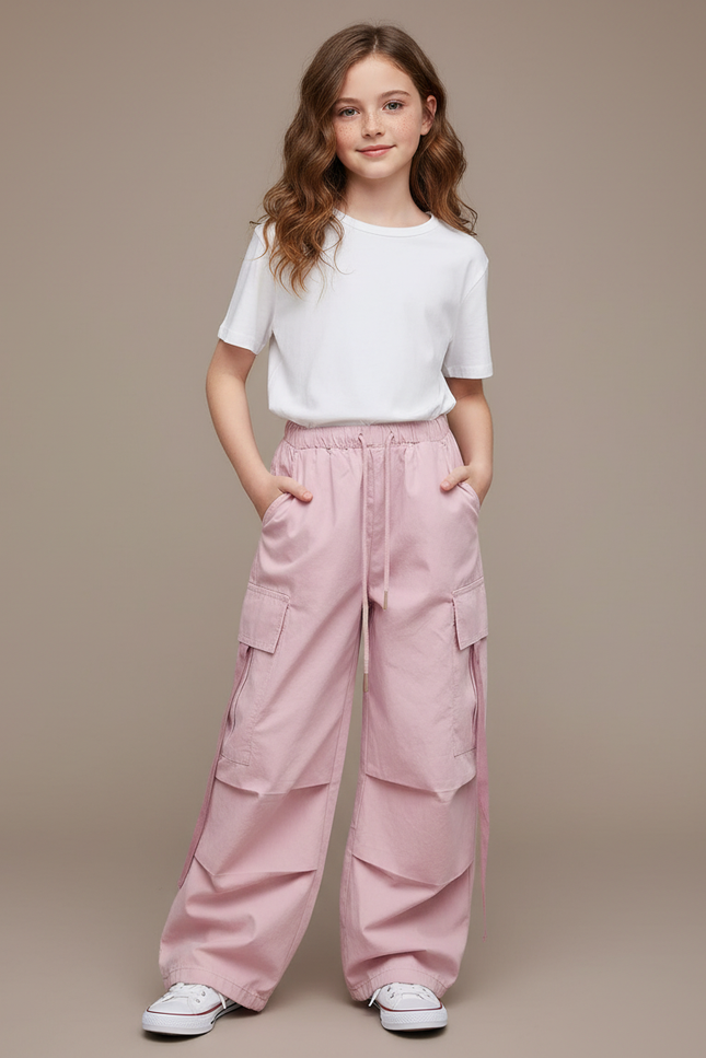 Pantalon Cargo Fille Rose Baggy - Toile