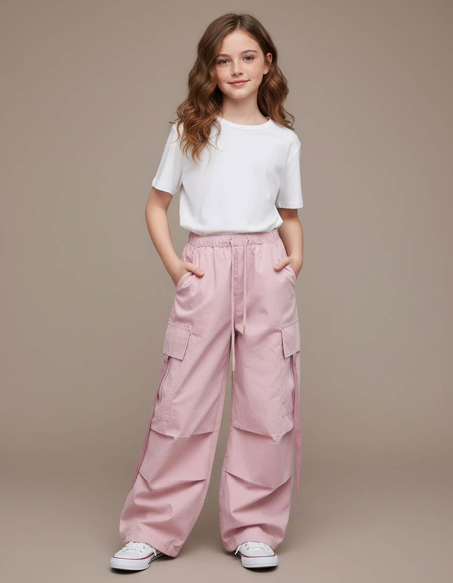 Pantalon Cargo Fille Rose Baggy - Toile