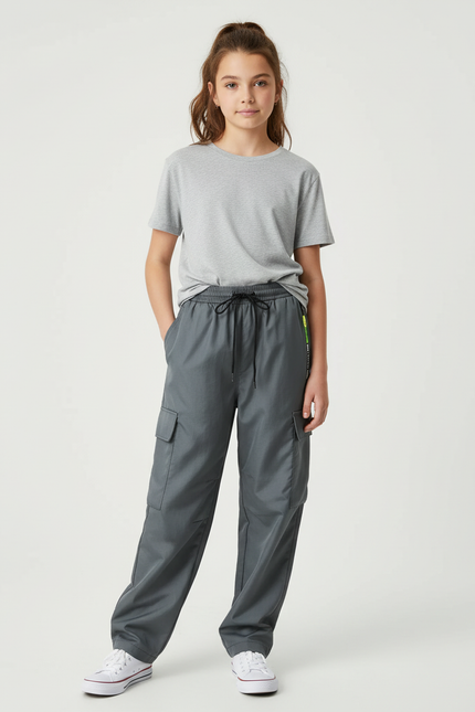 Pantalon Cargo Gris Ample Poches Fille Décontracté - Polyester