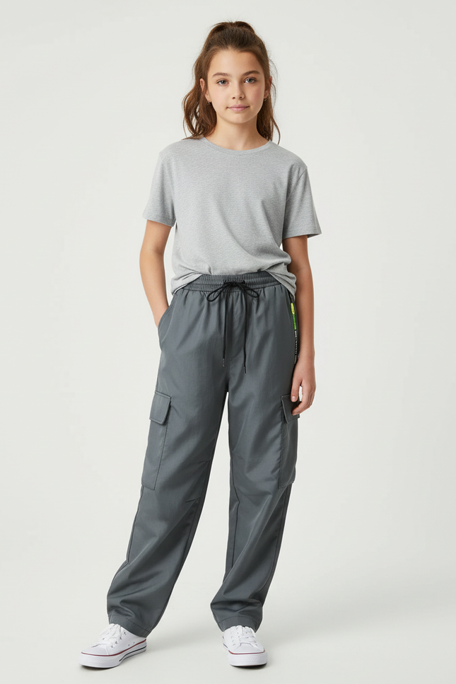 Pantalon Cargo Gris Ample Poches Fille Décontracté - Polyester