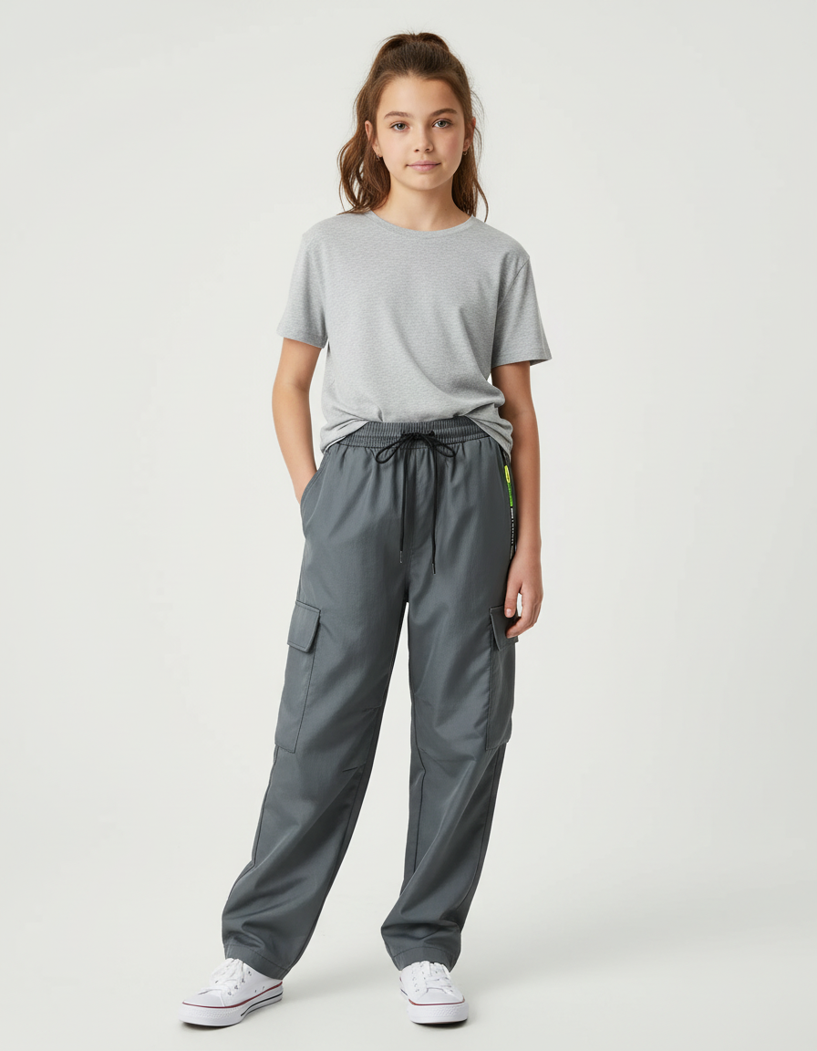 Pantalon Cargo Gris Ample Poches Fille Décontracté - Polyester