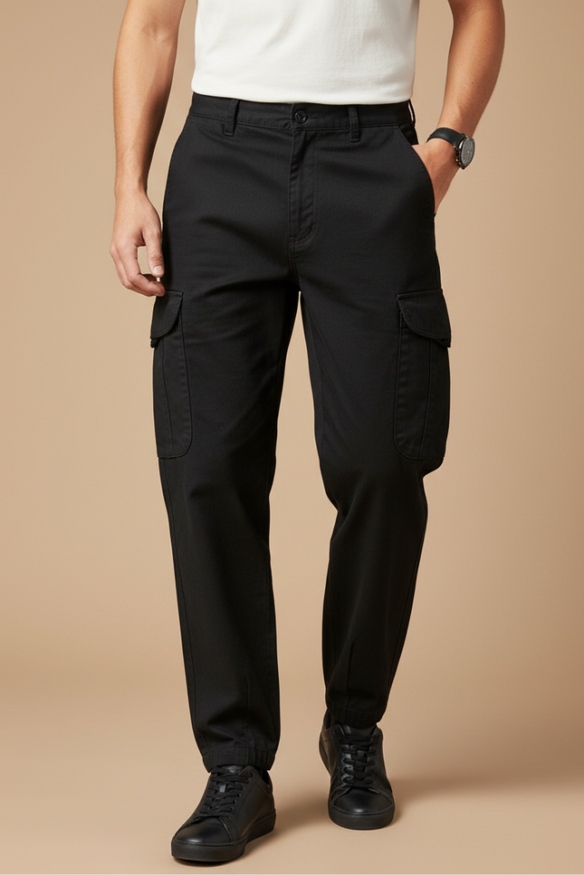 Pantalon Cargo Noir Coton Multipoches Confortable Homme