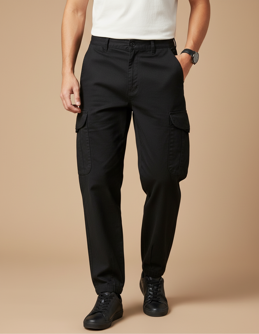 Pantalon Cargo Noir Coton Multipoches Confortable Homme
