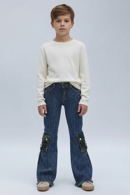 Pantalon Cargo Denim Évasé Patchs Verts Enfant - Bleu Jean