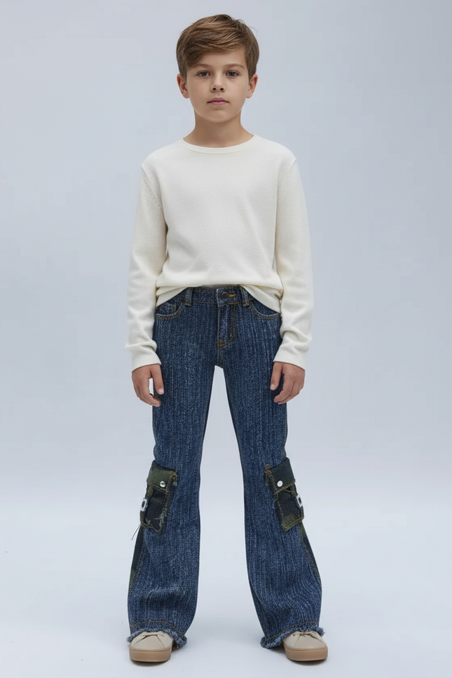 Pantalon Cargo Denim Évasé Patchs Verts Enfant - Bleu Jean