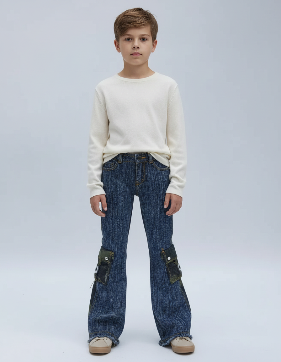 Pantalon Cargo Denim Évasé Patchs Verts Enfant - Bleu Jean