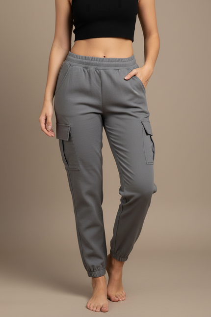 Pantalon Cargo Gris Coton Décontracté Élastique Femme