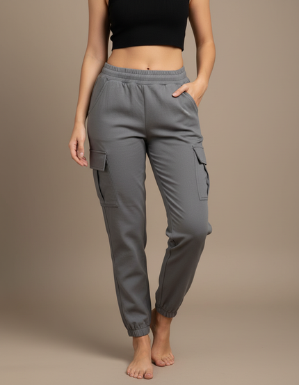 Pantalon Cargo Gris Coton Décontracté Élastique Femme