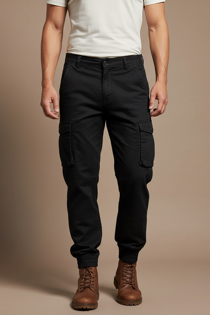 Pantalon Cargo Noir Homme Coton Jogger Multi-Poches