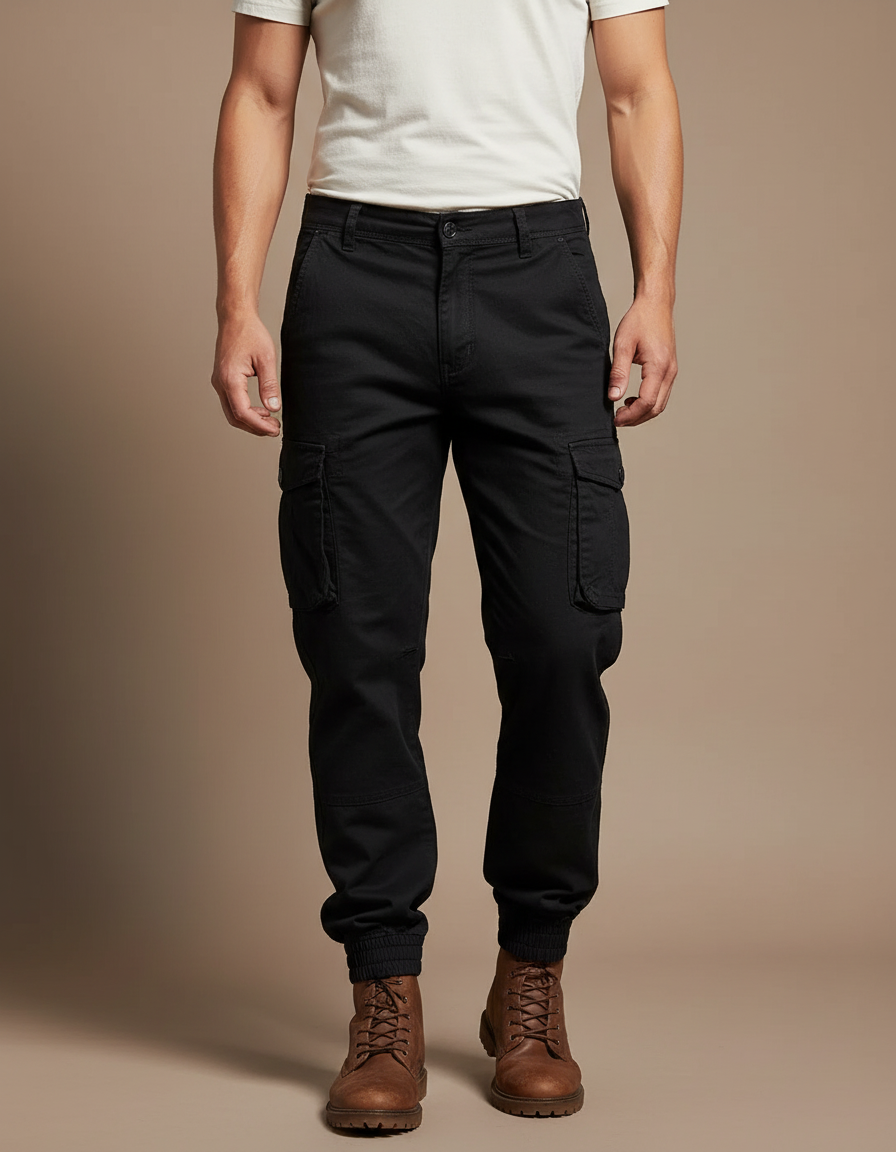 Pantalon Cargo Noir Homme Coton Jogger Multi-Poches