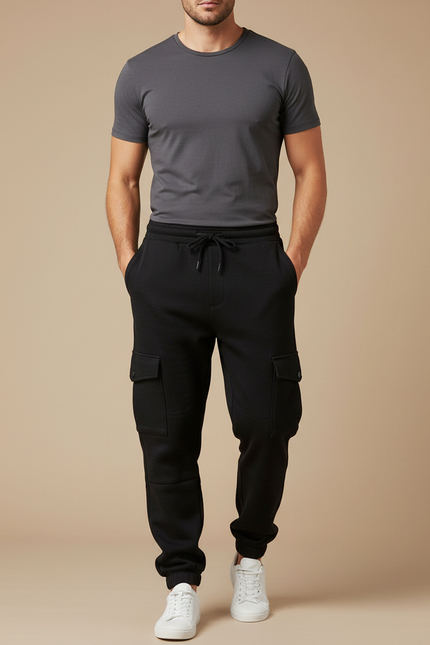 Pantalon Cargo Noir Molletonné Ajusté Homme