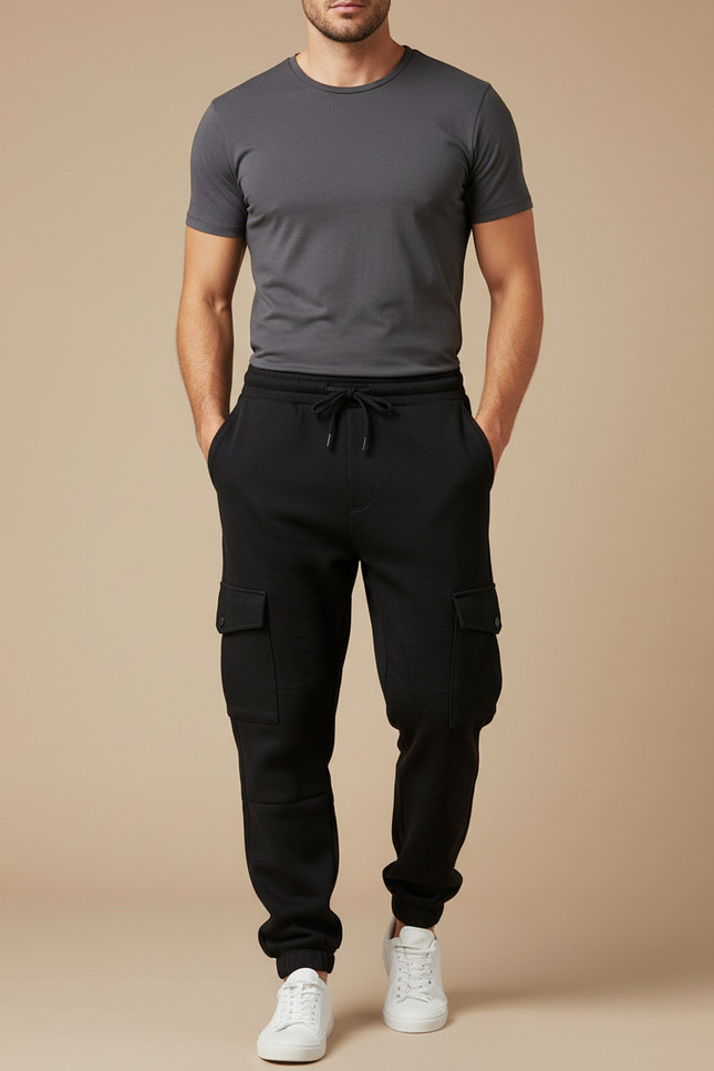 Pantalon Cargo Noir Molletonné Ajusté Homme