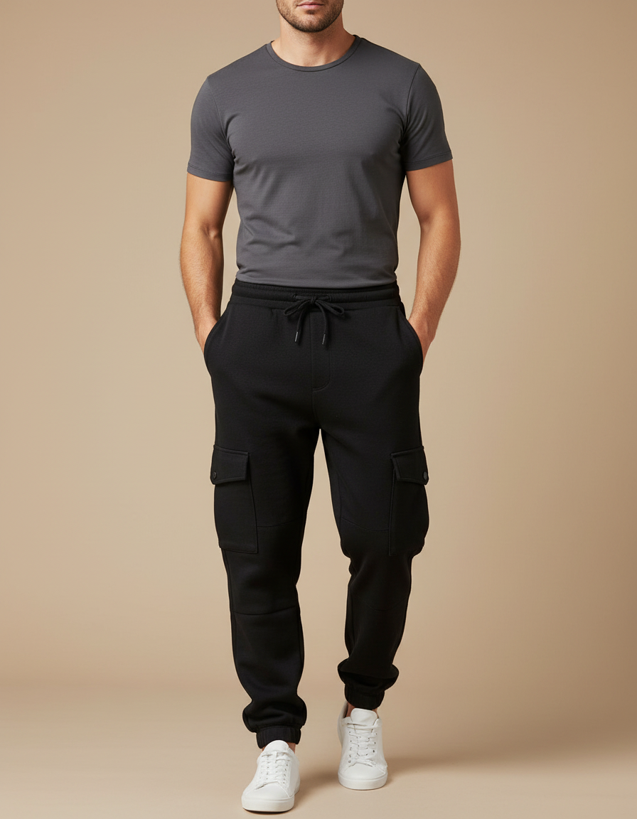 Pantalon Cargo Noir Molletonné Ajusté Homme