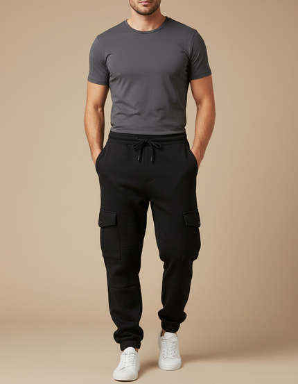 Pantalon Cargo Noir Molletonné Ajusté Homme