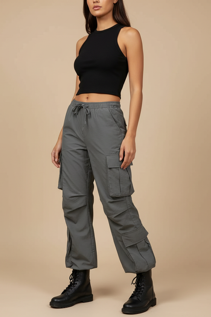 Pantalon Cargo Gris Ample Taille Haute Décontracté Femme - Polyester