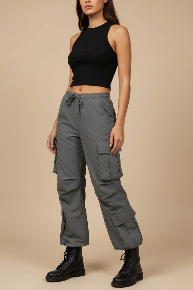 Pantalon Cargo Gris Ample Taille Haute Décontracté Femme - Polyester