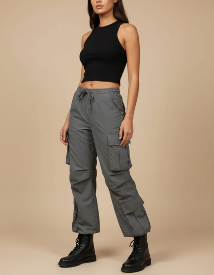 Pantalon Cargo Gris Ample Taille Haute Décontracté Femme - Polyester
