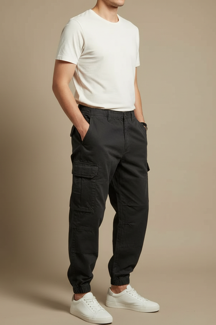 Pantalon Cargo Noir Décontracté Ample Coton Homme