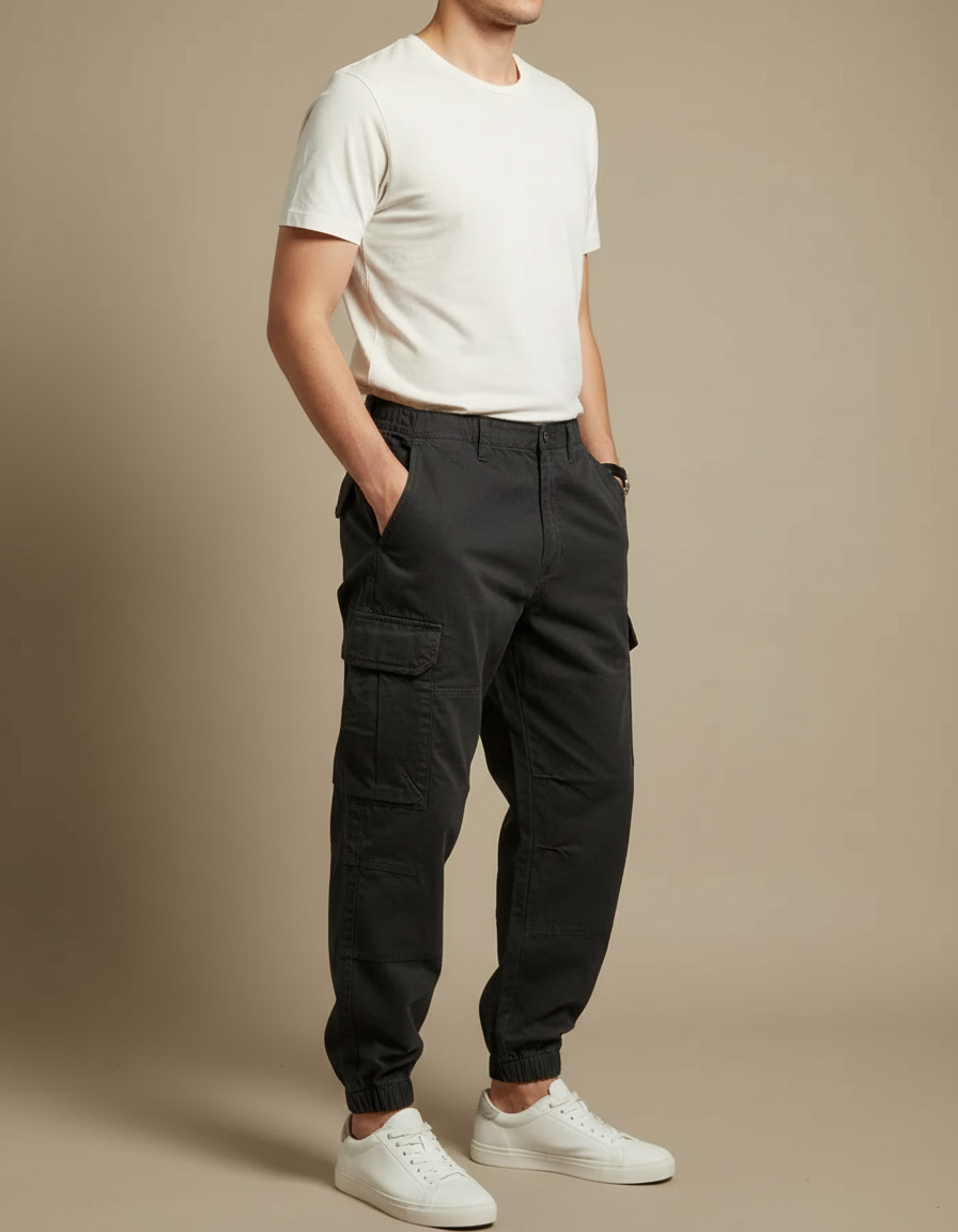Pantalon Cargo Noir Décontracté Ample Coton Homme