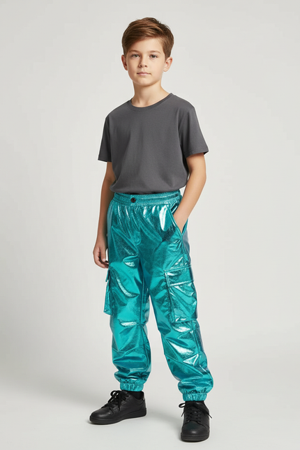Pantalon Cargo Brillant Turquoise Ample Garçon Streetwear - Bleu Polyester