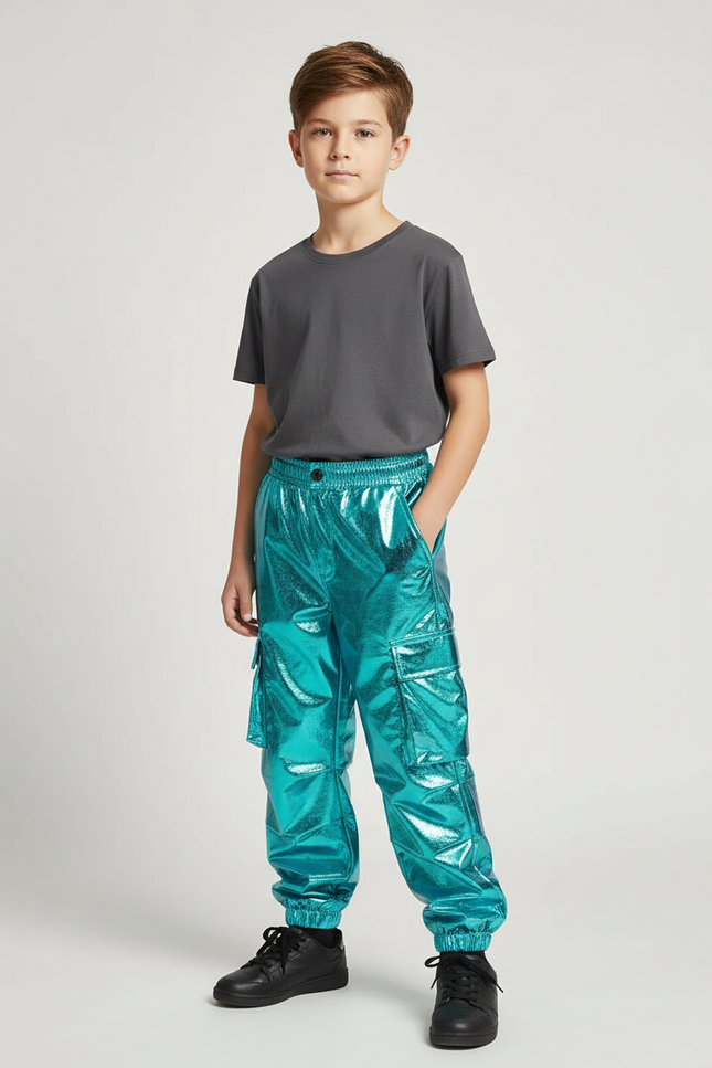 Pantalon Cargo Brillant Turquoise Ample Garçon Streetwear - Bleu Polyester
