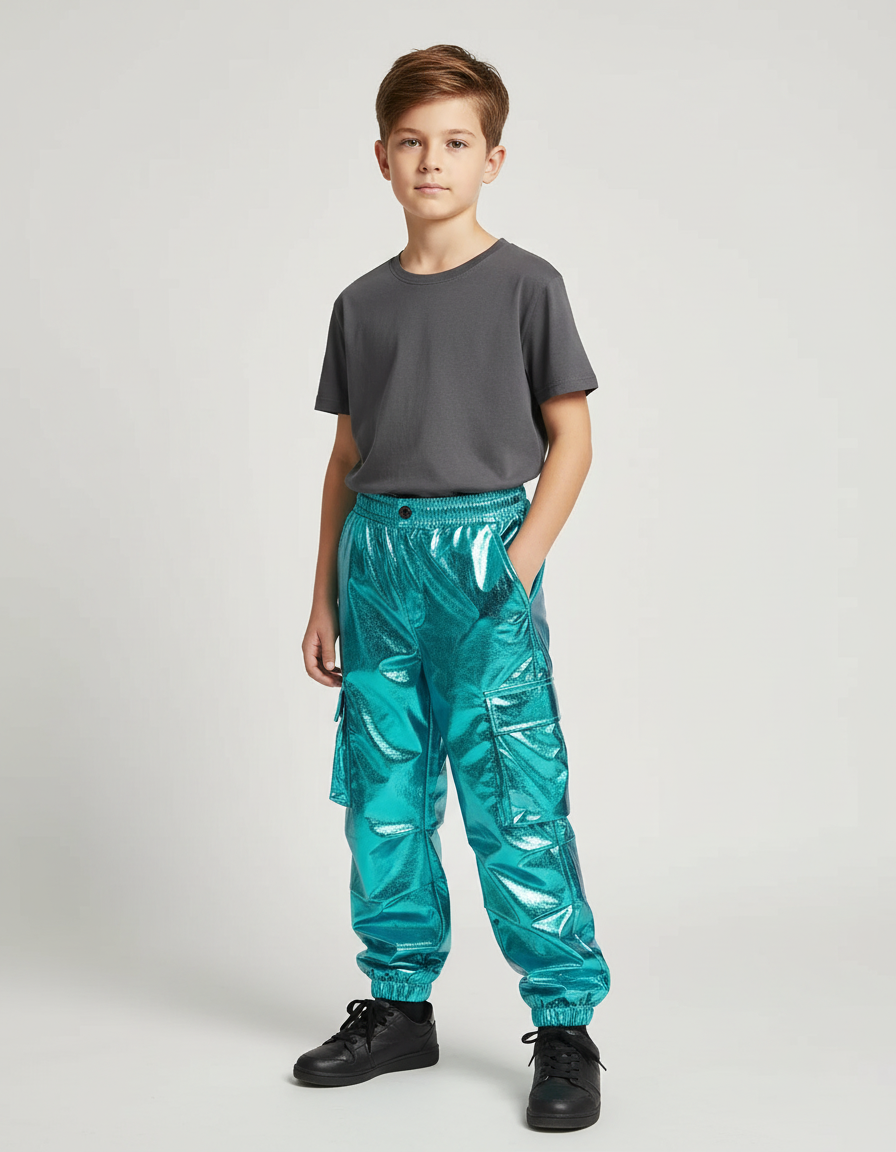 Pantalon Cargo Brillant Turquoise Ample Garçon Streetwear - Bleu Polyester