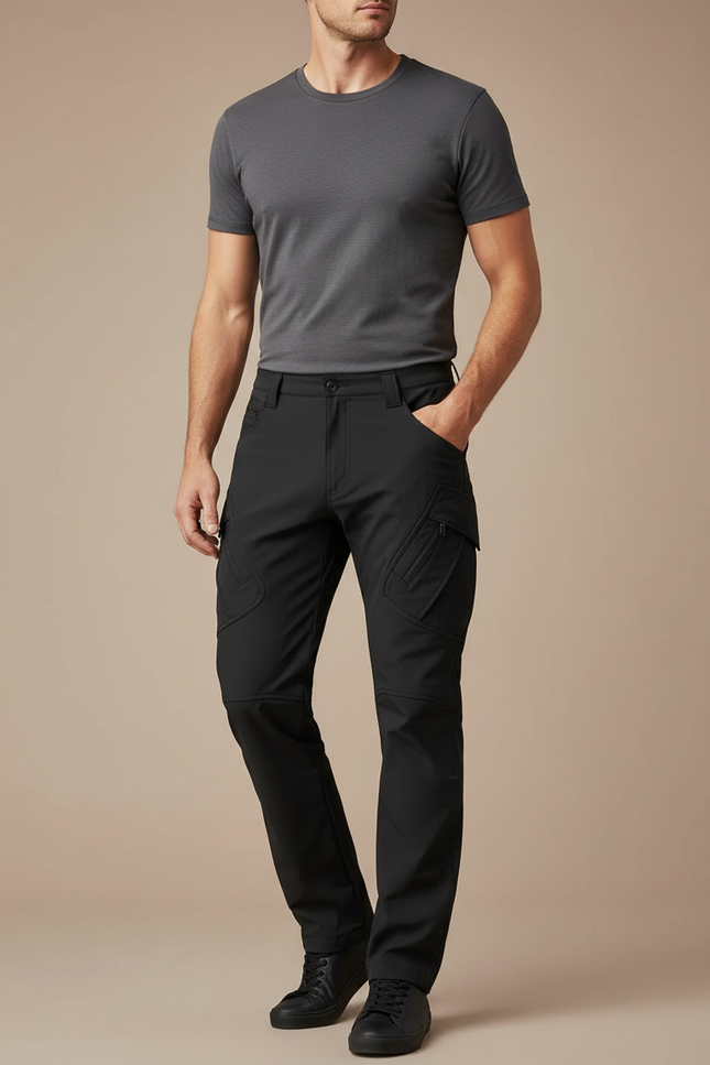 Pantalon Cargo Homme Noir Coupe Droite Multipoches - Polyester