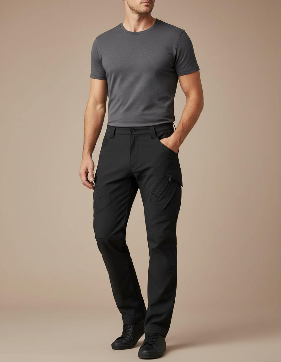 Pantalon Cargo Homme Noir Coupe Droite Multipoches - Polyester
