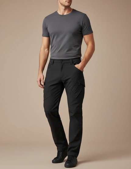 Pantalon Cargo Homme Noir Coupe Droite Multipoches - Polyester