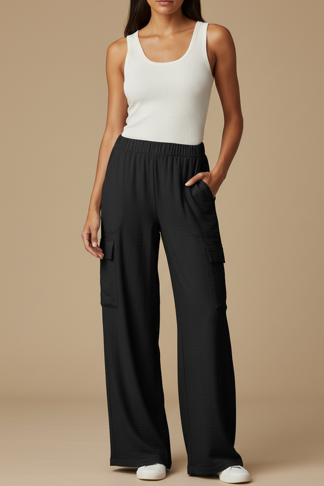 Pantalon Cargo Noir Ample Fluide Décontracté - Viscose