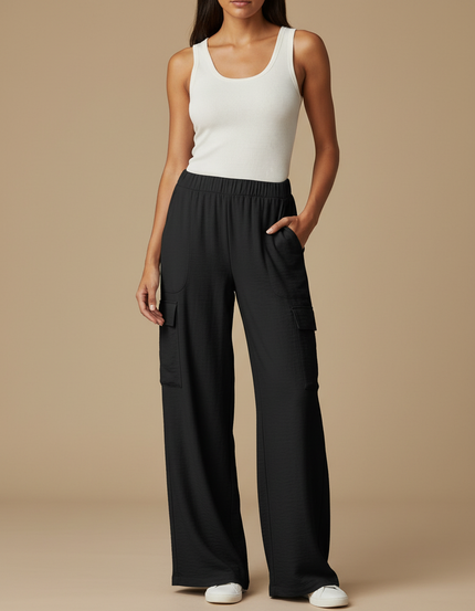 Pantalon Cargo Noir Ample Fluide Décontracté - Viscose