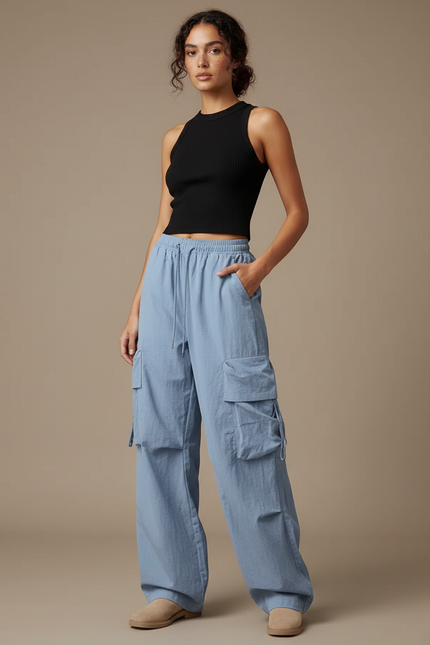 Pantalon Cargo Bleu Ample Taille Haute Décontracté Femme - Toile