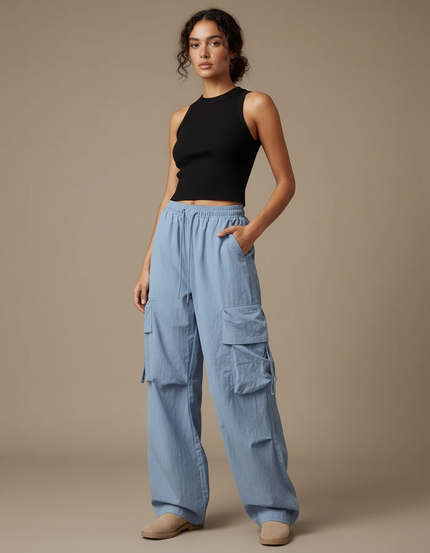 Pantalon Cargo Bleu Ample Taille Haute Décontracté Femme - Toile