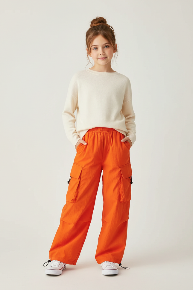 Pantalon Cargo Orange Ample Enfant Décontracté Poches - Polyester