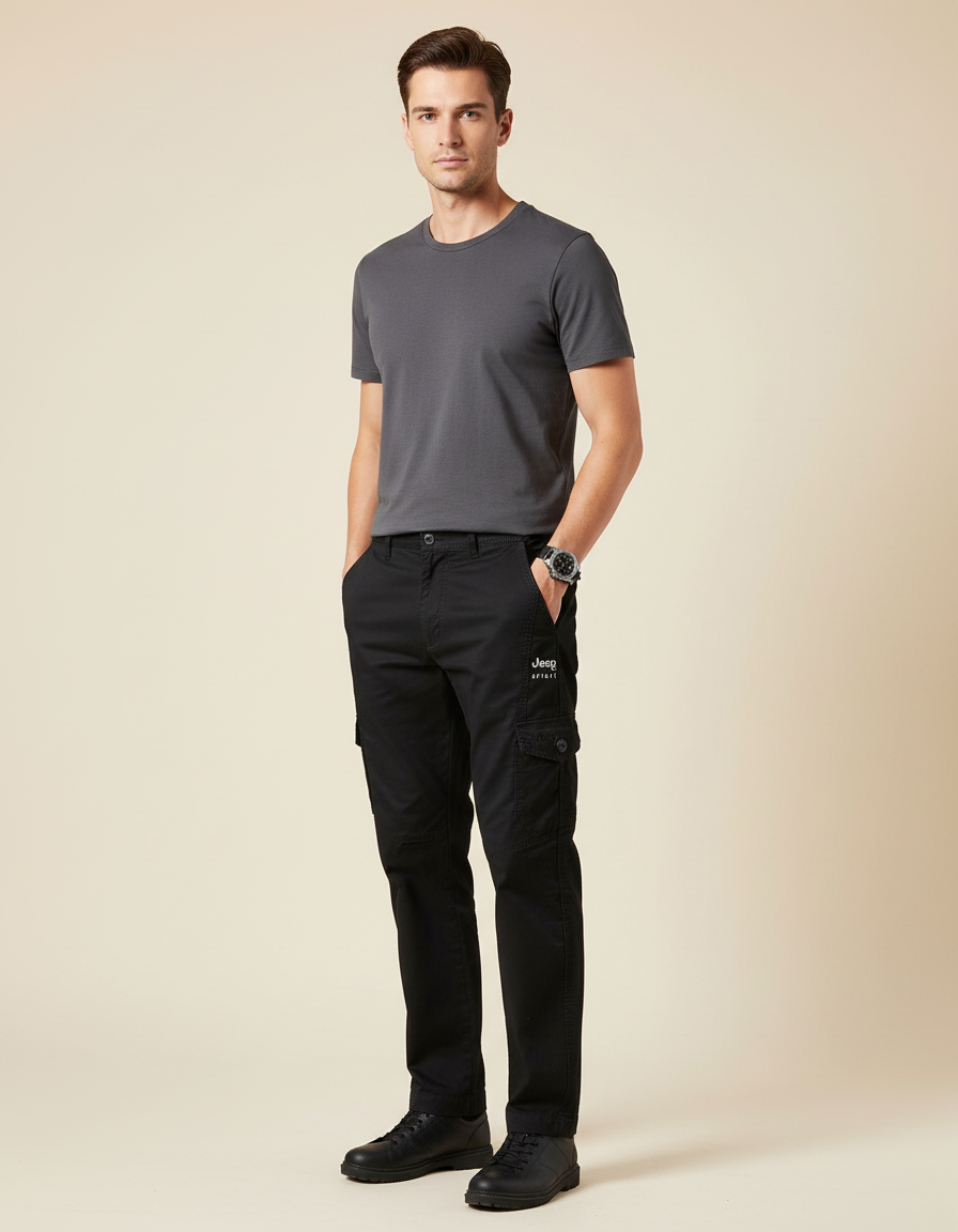 Pantalon Cargo Homme Noir Droit - Toile